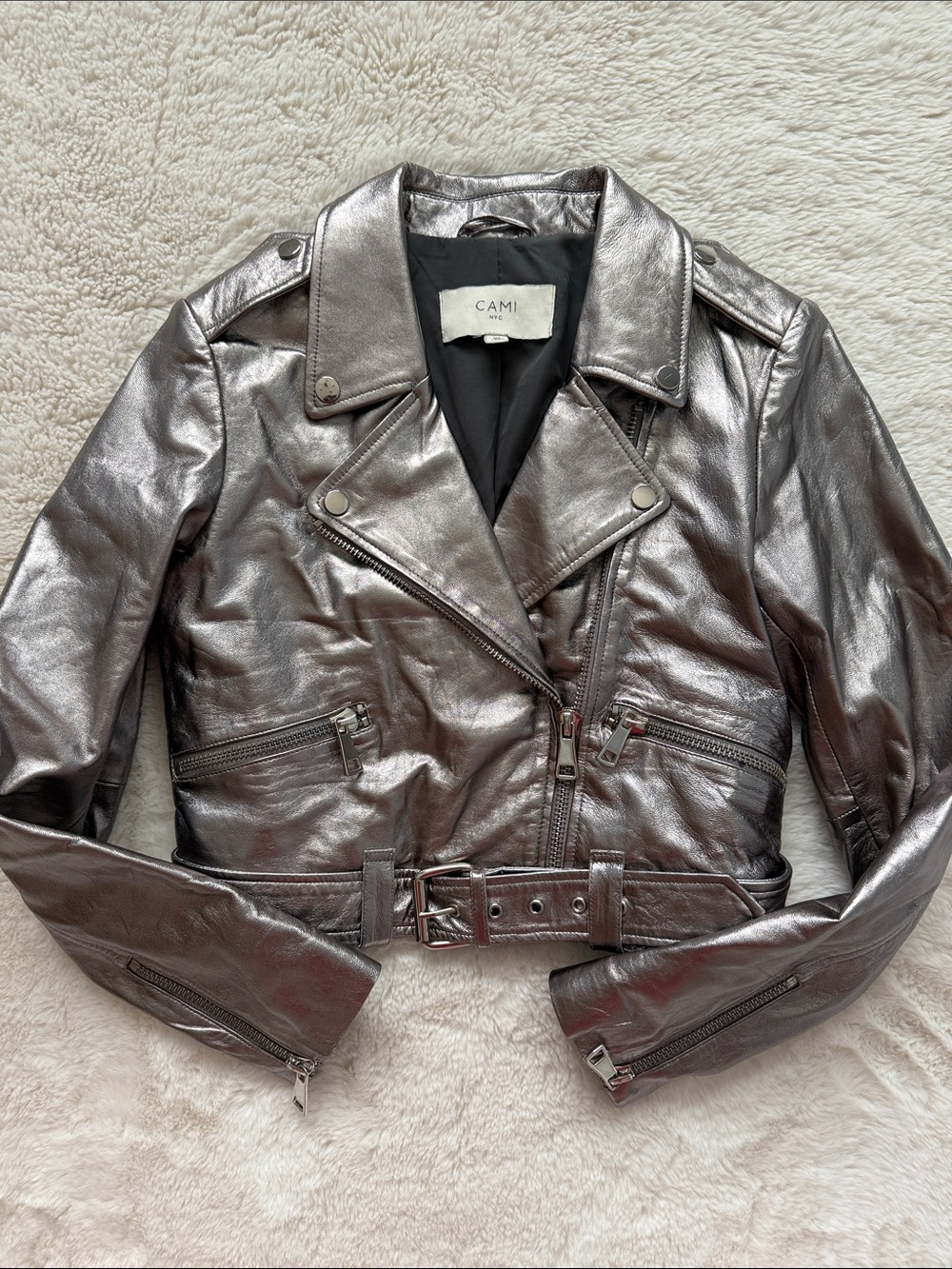 CAMI NYC Metallic Leather Moto Jacket Gunmetal Pewter Belted Biker Cropped XS